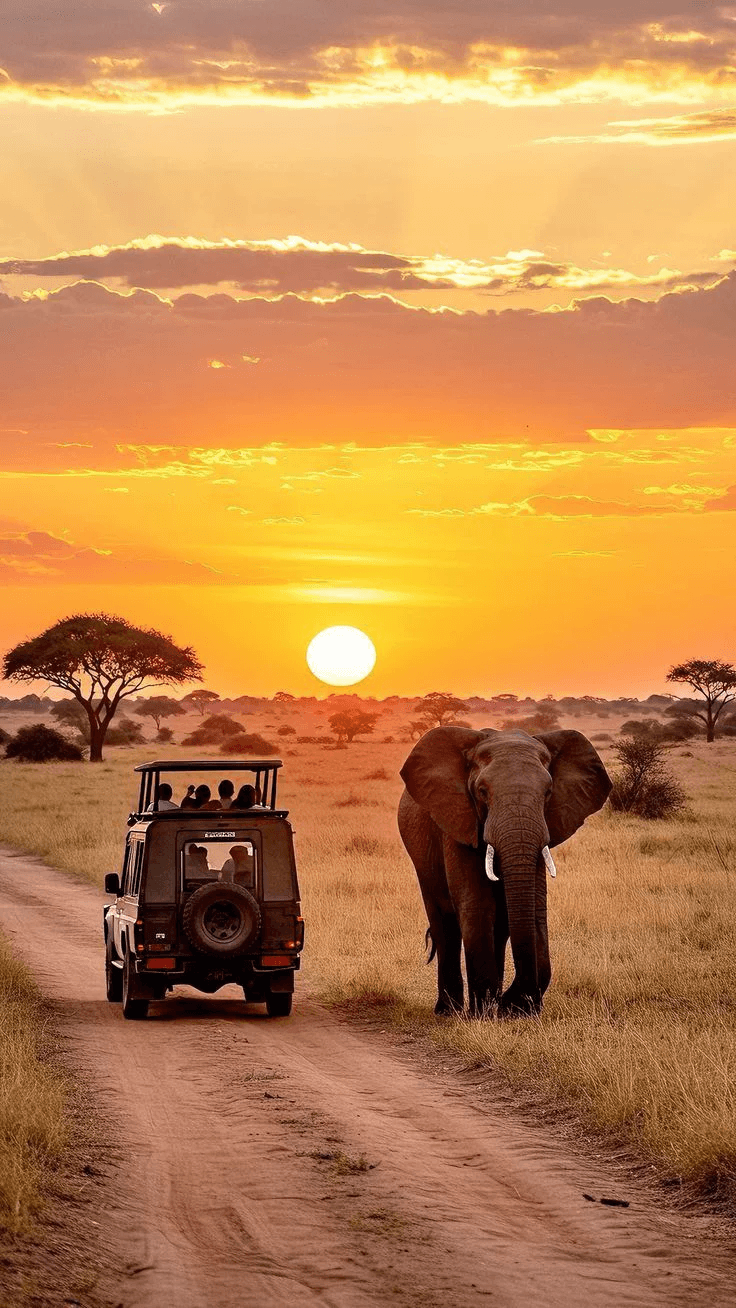 Safari jeep and elephant at sunset