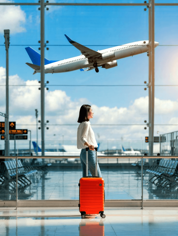 Traveller with luggage watching a plane take off at the airport