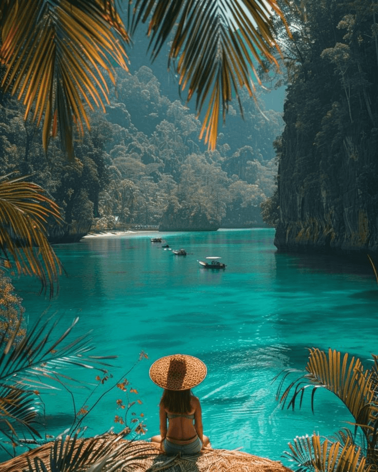 Traveller relaxing by a turquoise tropical lagoon