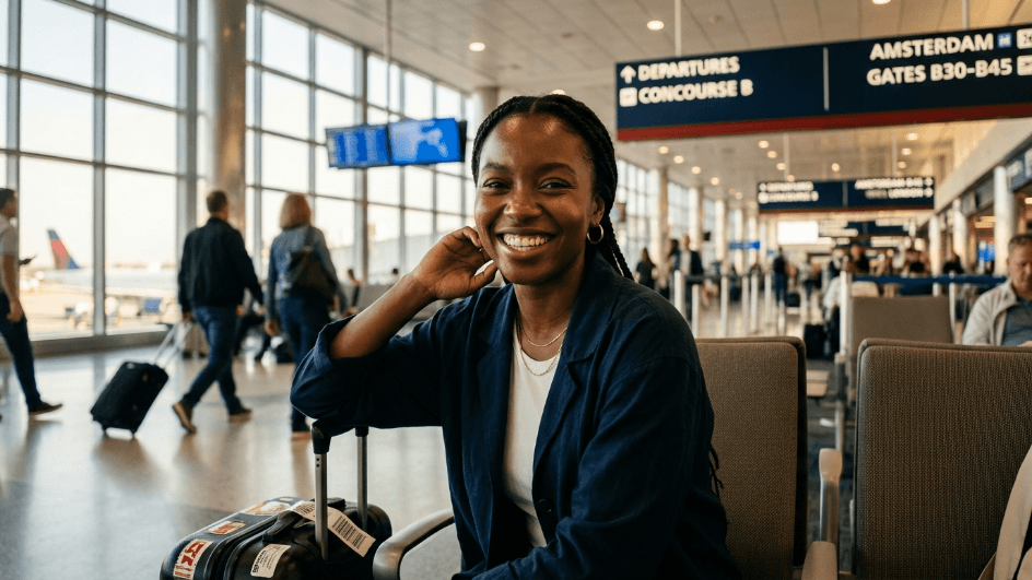 Smiling traveller with luggage at the airport